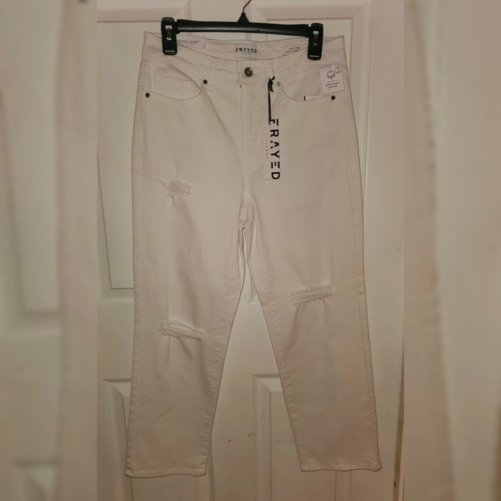 FRAYED JEANS HIGH RISE ANKLE STRAIGHT